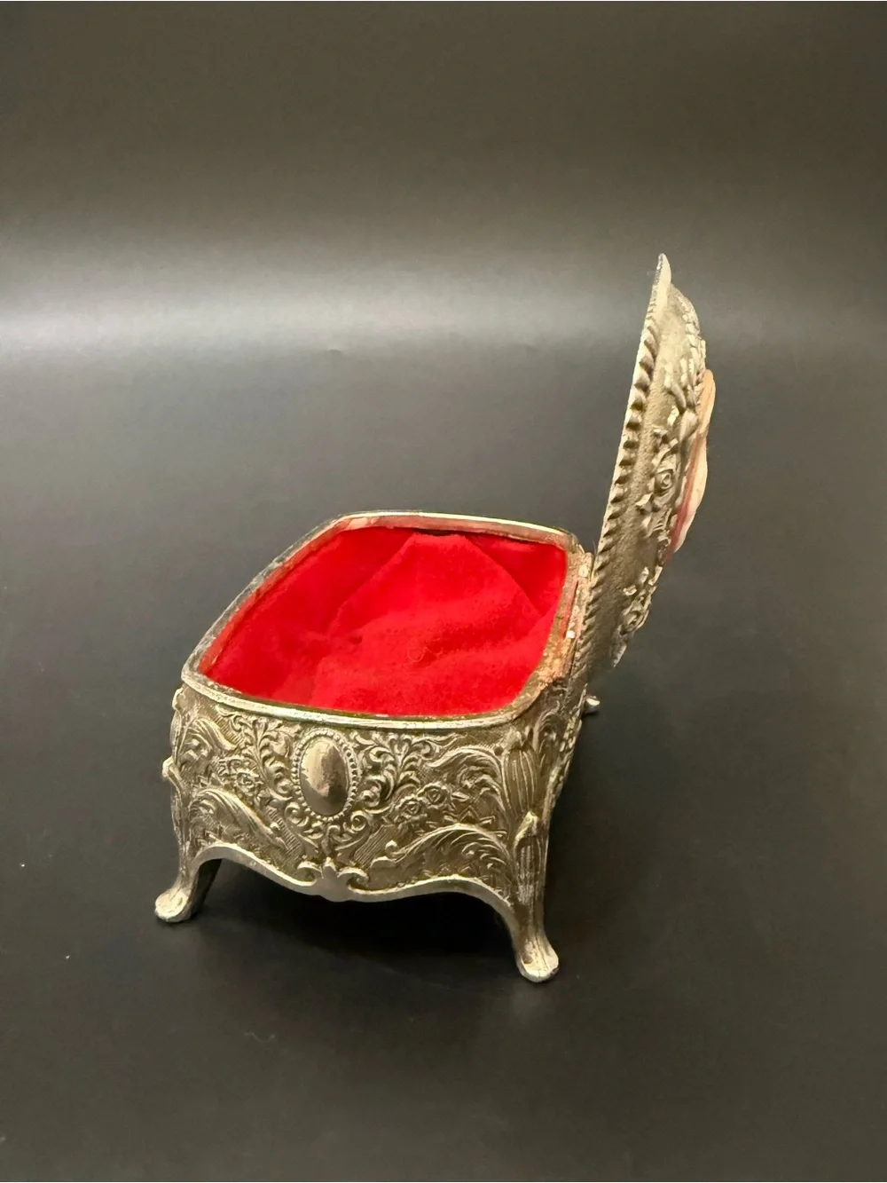 Vintage Victorian Revival Cameo Silver-plated Ornate Footed Trinket Jewelry Box
